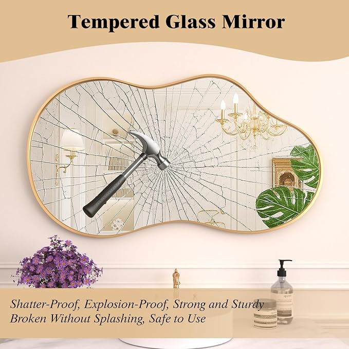 WEER Irregular Wall Mirror, 26x46 inch Gold Asymmetrical Mirror Wall Mounted Mirrors Decorative, Abstract Wavy Aluminum Alloy Frame Mirror for Bathroom, Bedroom, Living Room, Entryway