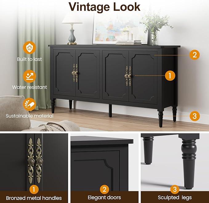 Console Cabinet, 58'' Mid Century Modern Pantry Sideboard, Wood Buffet Cabinet, Media Cabinet with 4 Doors, Accent Cabinet for Entryway, Living Room, Dining Room (Black)