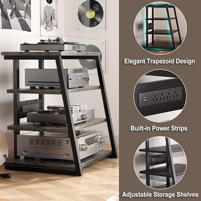 Armocity 4-Tier AV Media Stand with Power Strips, Stereo Stand with LED Lights, Rack Audio Tower with Adjustable Shelves, Small Entertainment Center, 30'', Grey Oak