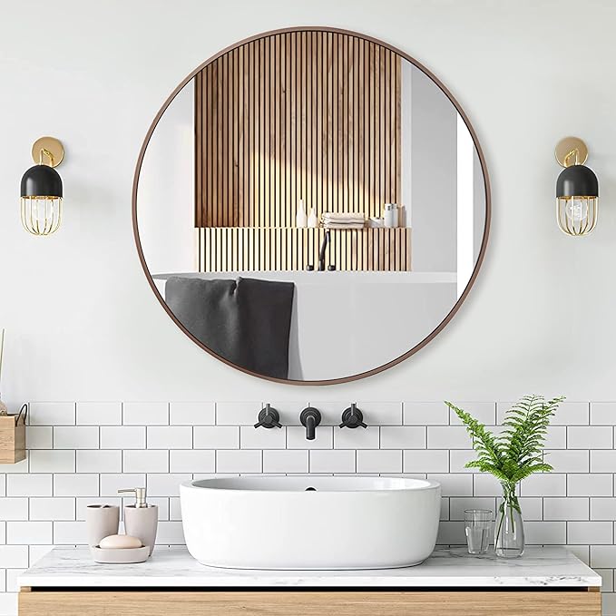 28 inch Round Bronze Mirror, Brushed Metal Framed Circle Wall Mirror for Bathroom Vanity, Bedroom Decor, Living Room, Entryway