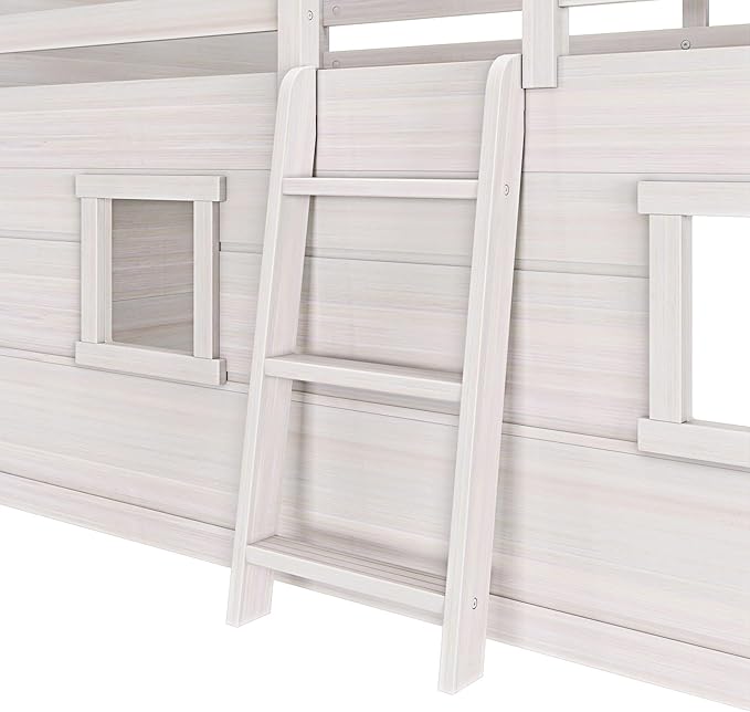 Max & Lily Modern Farmhouse Twin Low Loft Bed with Two Windows - Solid Wood, 15” Guardrails, 400-lb Capacity, Low-VOC Finish, White Wash