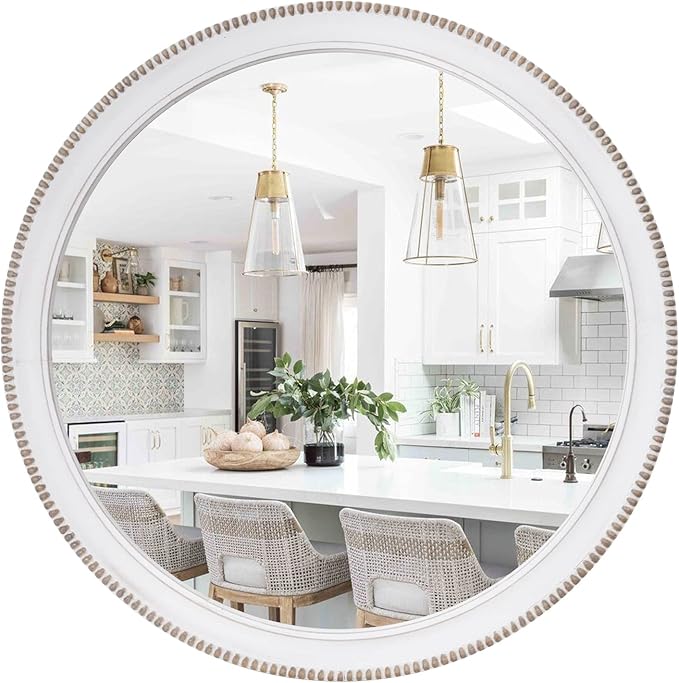 sawsile Wood Circle Mirror,Rustic Farmhouse Wall Mirror 24 inch Round Morden Decoration Wood Large Mirror White Accent Mirror for Bedroom,Living Room