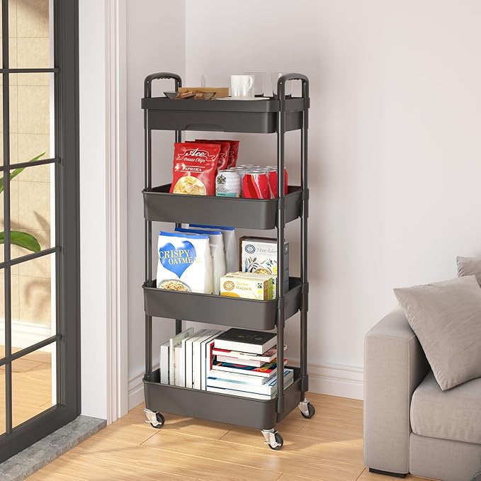 Calmootey 4-Tier Rolling Utility Cart with Drawer,Multifunctional Storage Organizer with Plastic Shelf & Metal Wheel,Storage Cart for Kitchen,Bathroom,Living Room,Office,Black