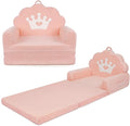 2-in-1 Kids Couch Fold Out, Soft Teddy Sherpa Toddler Couch with Crown Design, Convertible Kids Sofa to Lounger for Nap & Playtime, Cozy Children's Furniture for Boys & Girls, Pink