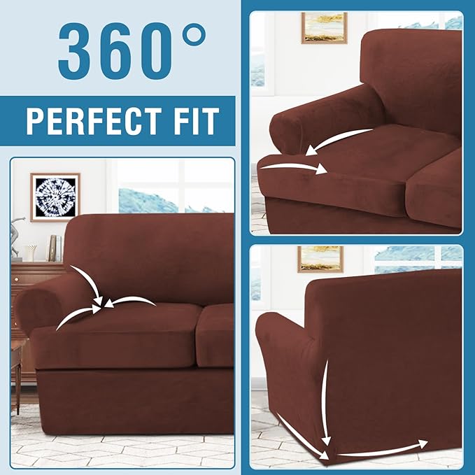 H.VERSAILTEX Sofa Cover 3 Piece T Cushion Sofa Slipcovers Thick Velvet Couch Cover Stretch T Cushion Sofa Covers for 2 Cushion Couch with 2 Individual T Cushion Covers, Burnt Brick