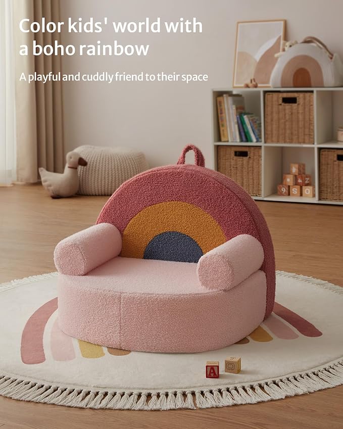 Blissful Diary Toddler Chair Comfy, Foam Kids Chair with Soft Teddy Plush, Toddler Reading Chair with Cute Arclet Designs- Blush Pink