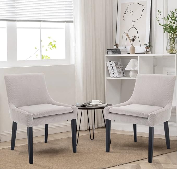 COLAMY Modern Dining Chairs Set of 6, Upholstered Corduroy Accent Side Leisure Chairs with Mid Back and Wood Legs for Living Room/Dining Room-Beige