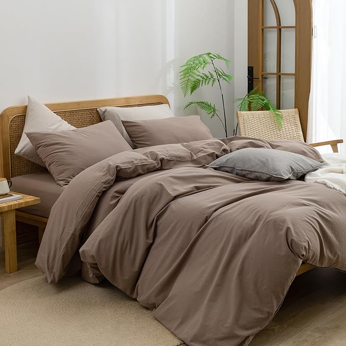 BESTOUCH Duvet Cover Set 100% Washed Cotton Linen Feel Super Soft Comfortable Chic Lightweight 3 PCs Home Bedding Set Solid Pine Bark Brown King