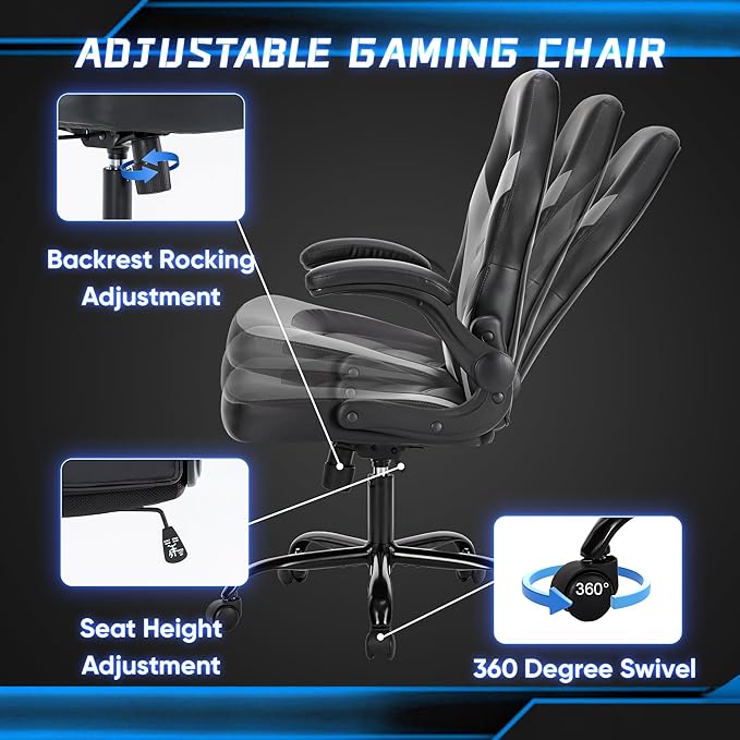 OLIXIS Big and Tall Office Desk Leather Gaming Computer Chair with Adjustable Swivel Task and Flip-up Arms for Adults, Teens, Grey