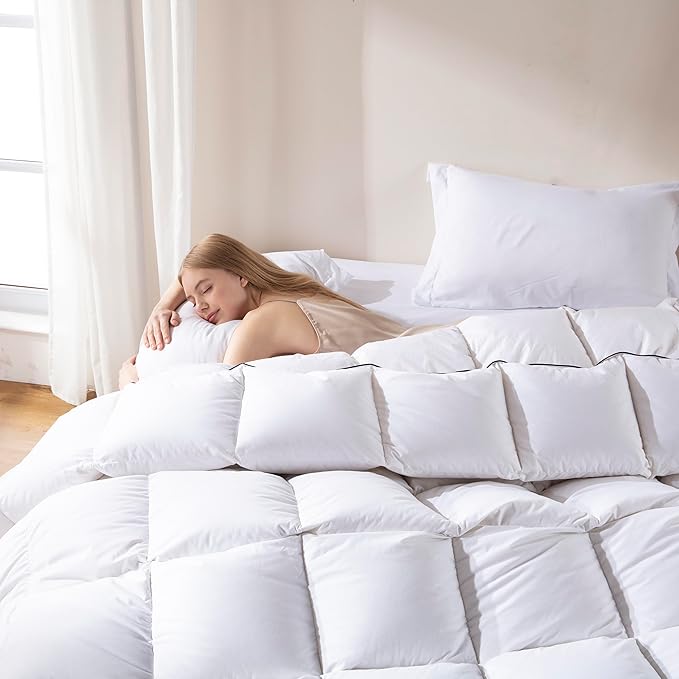 DOWNCOOL Feather Comforter California King, White Fluffy Duvet Insert with Ultra Soft 100% Cotton Cover, All Season Luxurious Hotel Bed Comforter with Corner Tabs, California King 104"x96"
