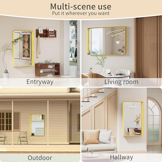 Koonmi Gold Wall Mirror for Bathroom, 30x48 Inch Matte Deep Framed Rounded Rectangle Vanity Mirror for Farmhouse Living Room, Tempered Glass, Anti-Rust, Vertically or Horizontally