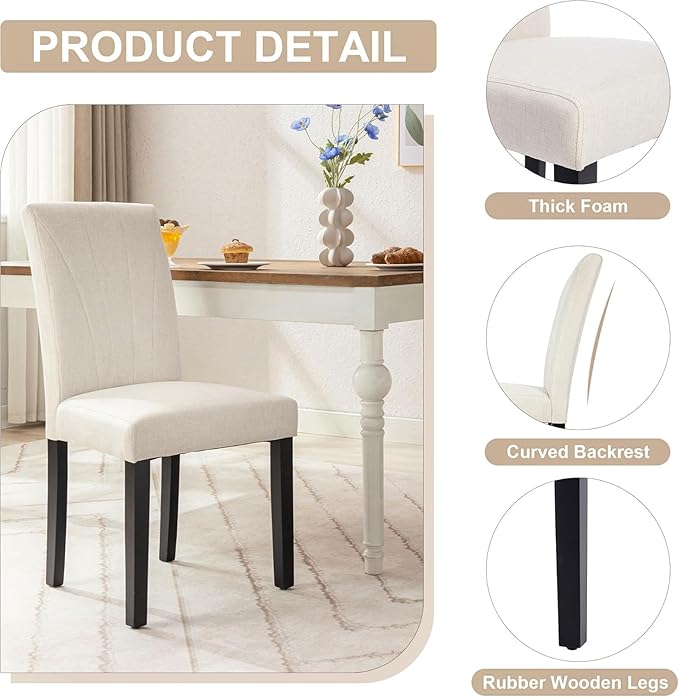 VECELO Upholstered Dining Chairs Set of 6, Modern Fabric and Solid Wood Legs & High Back, Parsons for Kitchen/Living Room- Beige