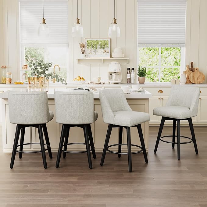 Vipbear Swivel Counter Height Bar Stools Set of 4,26.8" H Counter Stools with Back, Mid Century Modern Bar Stools for Kitchen Island,Linen Fabric,Wooden Base, White