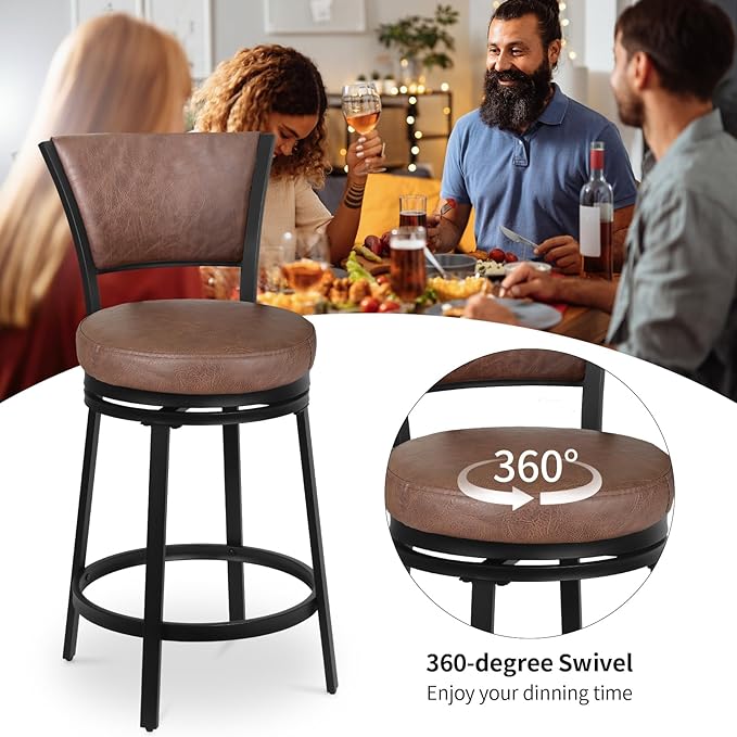 Bar Stools, Counter Height Barstools Set of 2, 25" Faux Leather Metal Round Swivel Bar Chairs with Back, Modern Upholstered Counter Stools for Kitchen Island, Brown