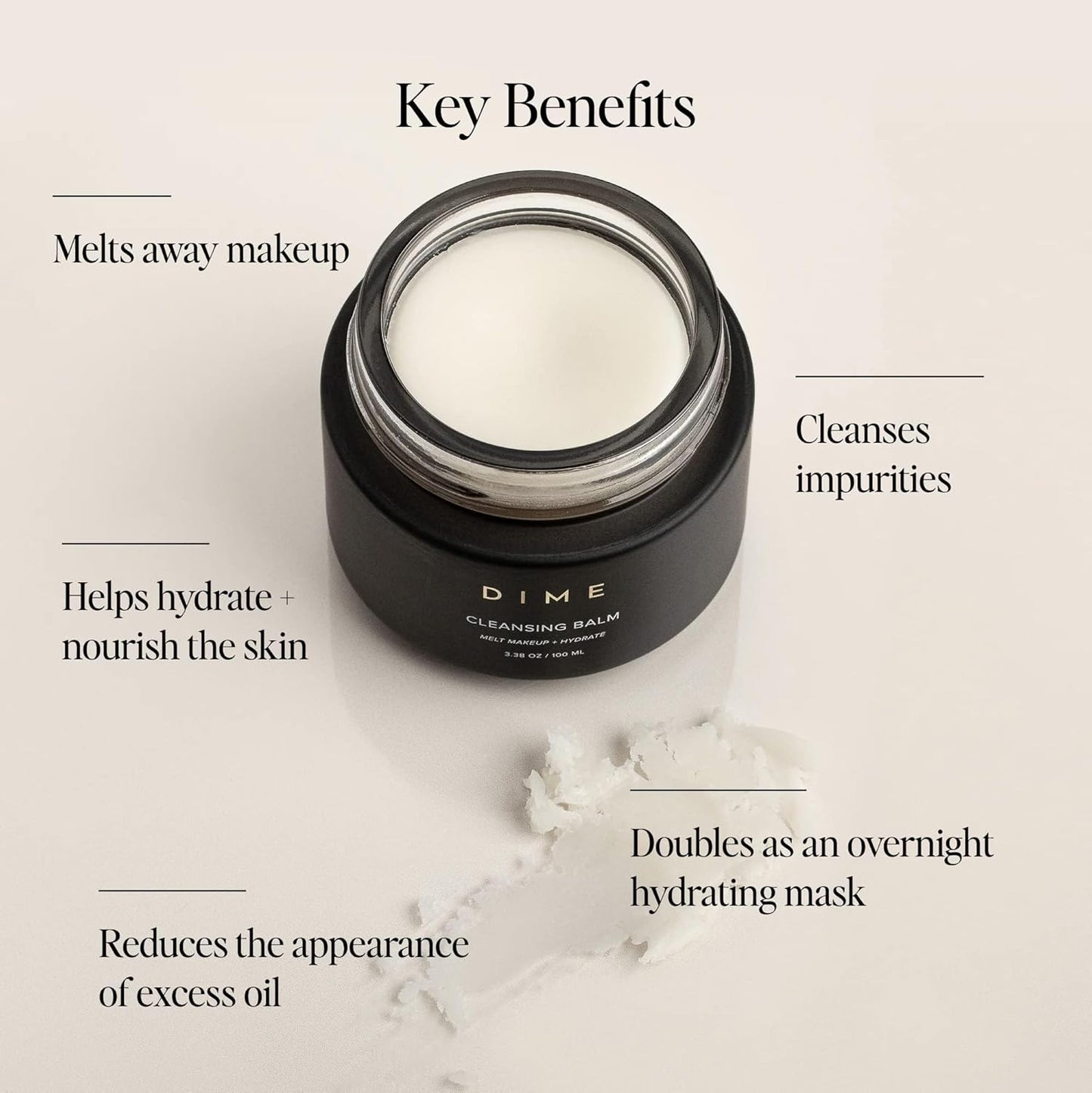 Dime Beauty Cleansing Balm, Oil Makeup Remover and Face Cleanser, Hydrating Eye Makeup Remover with Squalane, 3.38 oz / 100 ml