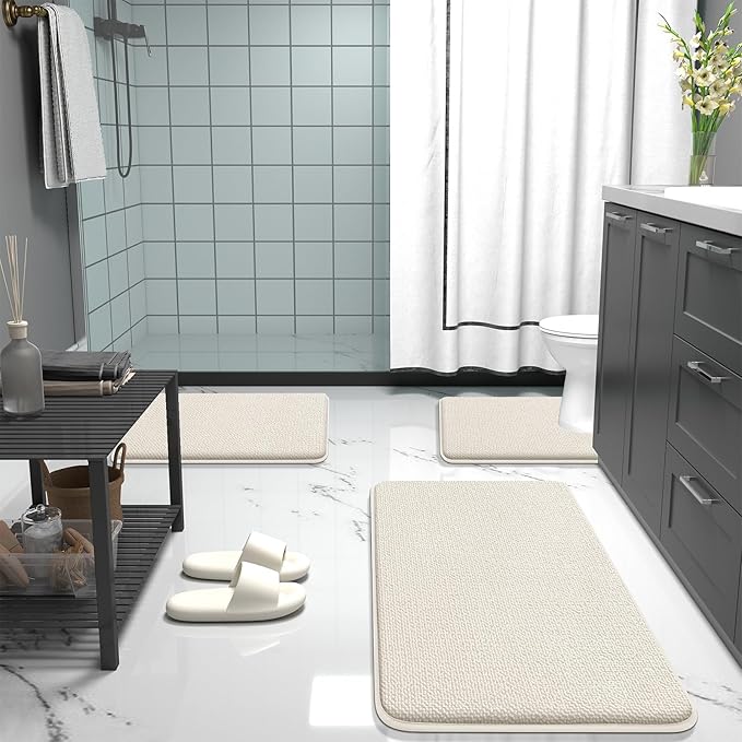 OLANLY Thick Memory Foam Bath Mat Rug 47x20, Extra Soft Absorbent Bathroom Rug, Quick Dry Bath Mats, Non-Slip, Machine Washable Carpet for Bathroom, Tub and Shower, Home Decor Accessories, Ivory