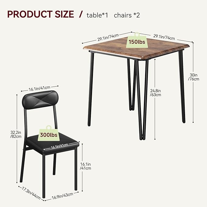 IDEALHOUSE Dining Table Set for 4, Kitchen Table with Upholstered Chairs for Kitchen Room and Small Spaces (Retro, Table with 2 Upholstered Chairs)