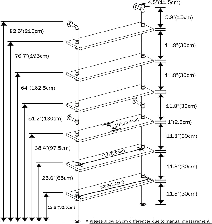 6 Tier Industrial Ladder Shelf Bookcase, Wall Mounted Rustic Bookshelf for Living Room Decor and Storage (Walnut Color, 6 Tier - 10" D x 36" W x 82.5" H)