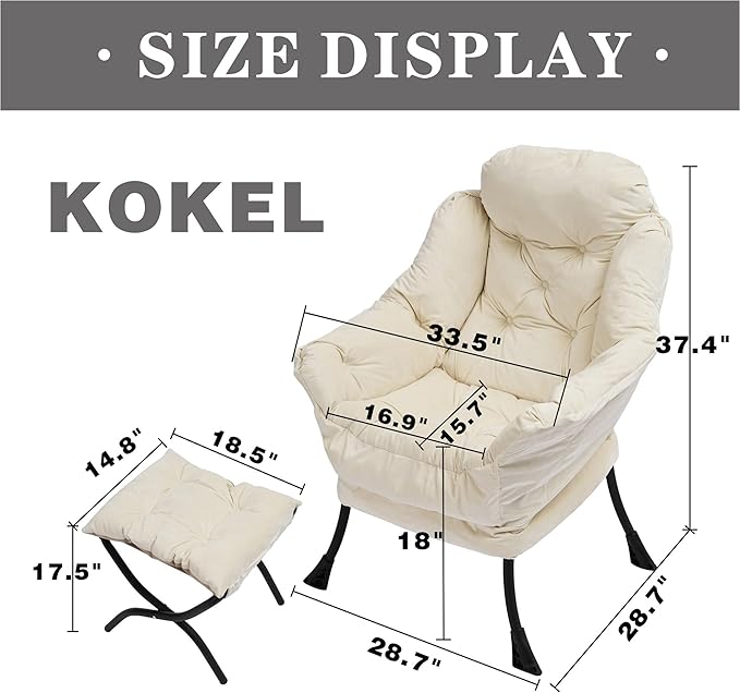 Lazy Chair with Folding Ottoman,Living Room Chairs, Accent Contemporary Lounge Chair, Single Steel Frame Leisure Sofa Chair with Armrests and A Side Pocket (White)