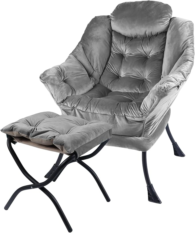 Lazy Chair with Folding Ottoman,Living Room Chairs, Accent Contemporary Lounge Chair, Single Steel Frame Leisure Sofa Chair with Armrests and A Side Pocket (DL22GRAY)