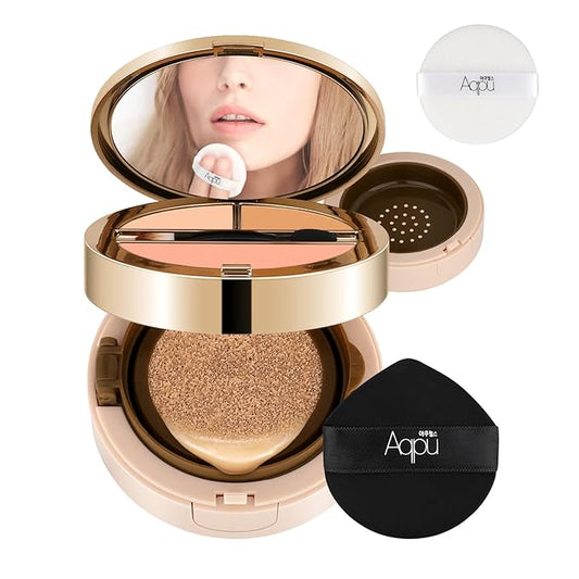 Essential Cushion Foundation, Essential Skin Nuder Cushion, 4-in-1 Triple Layer Korean Skin Care & Face Beauty Makeup, Suit for All Skin Types, (Concealer, Cushion Cream, Setting Powder), #02-NATURAL
