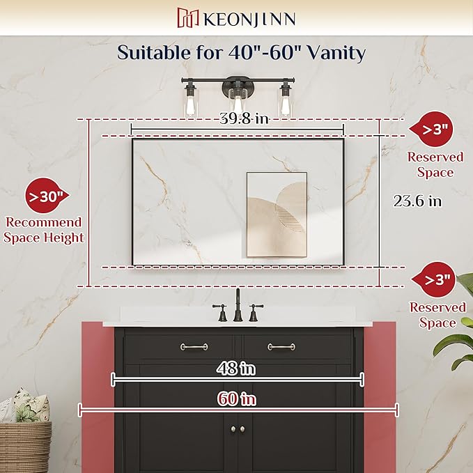 Keonjinn 40 x 24 in Brushed Nickel Bathroom Mirror for Wall, Silver Rectangular Metal Framed Vanity Mirror for Bathroom Sink Square Corner Aluminum Alloy Modern Rectangle Mirror(Horizontal/Vertical)