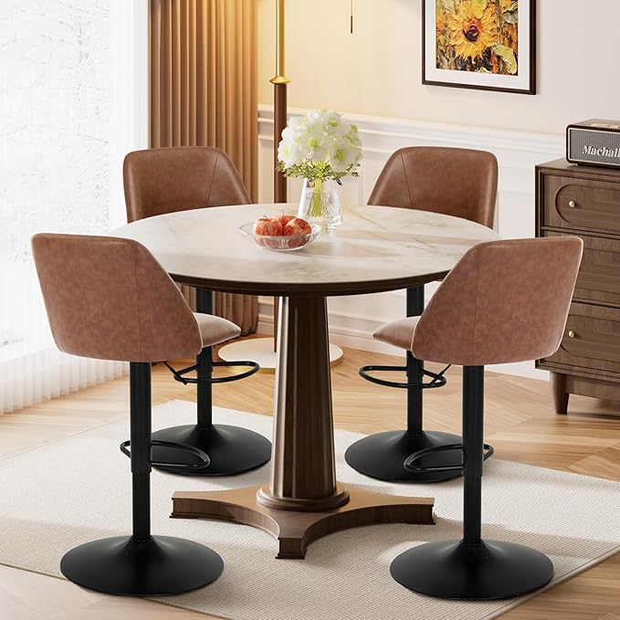 COLAMY Bar Stools Set of 6, Modern Swivel Bar Chairs, Adjustable PU Leather Upholstered Barstools Counter Height with Full Backrest for Bar, Dining Room, Kitchen Island, Brown