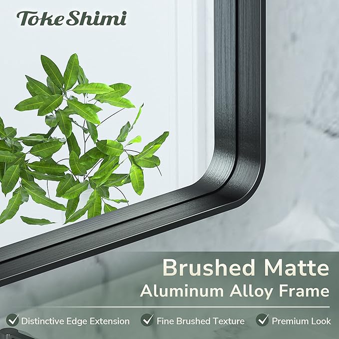TokeShimi 48x40 Inch Wall Mirror Black Bathroom Vanity Mirror with Metal Frame Aluminum Alloy Soft Rounded Corner for Modern Farmhouse Wall Decor 1”Deep Set Design (Horizontal/Vertical)
