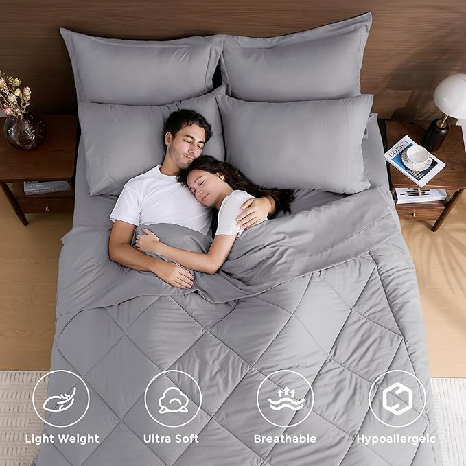 HEVUMYI Light Grey Twin Comforter Set - 5-Piece All Season Bed in a Bag Twin, Ultra Soft Bedding Set with Comforter, Flat Sheet, Fitted Sheet, Pillowcases, Pillow Shams, Light Gray