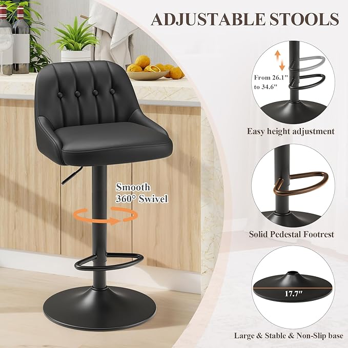 Bar Stools Set of 4, Swivel Bar Chairs, Modern Adjustable PU Leather Upholstered Barstools Counter Height with Tufted Back for Bar, Kitchen Counter Island, Dining Room, Black