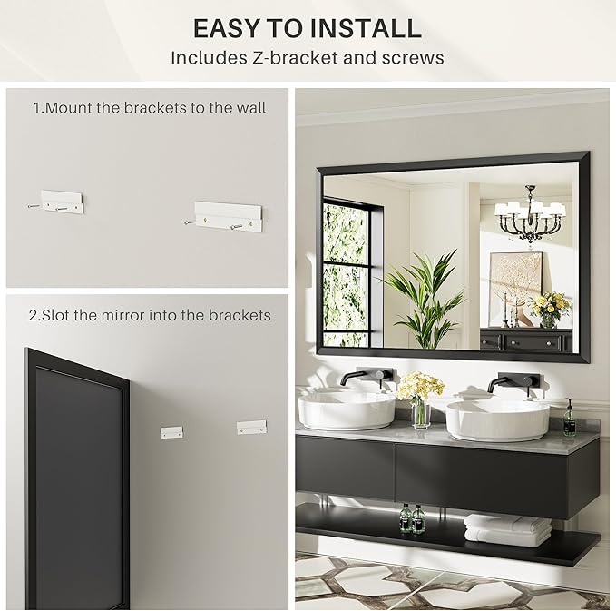 55x30 Inch Black Bathroom Mirror for Wall, Thick Metal Framed Rectangle Mirrors for Over Sink, Bedroom, Living Room, Entryway, Anti-Rust, HD Tempered Glass