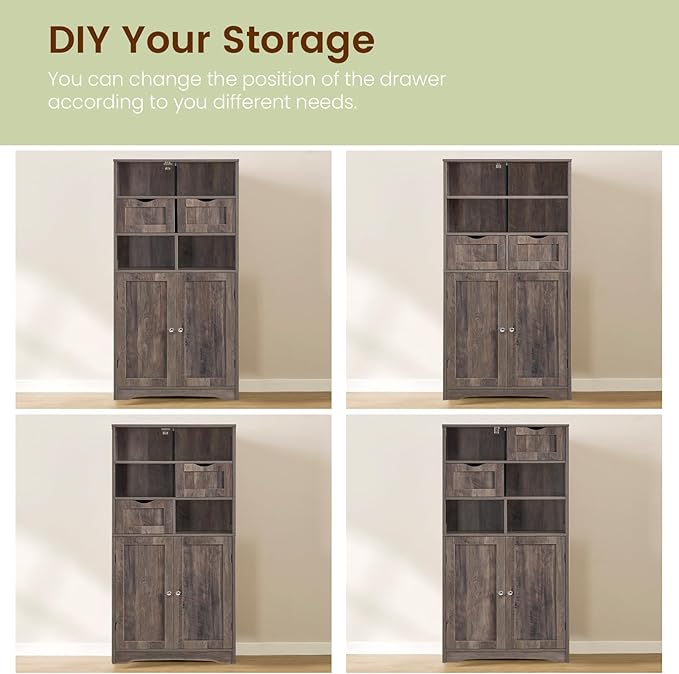 Iwell Tall Storage Cabinet with 2 Drawers & Adjustable Shelf, Bathroom Cabinet with Doors, Kitchen Pantry Storage Cabinets, Cupboard for Living Room, Dining Room, Entryway, Rustic Gray