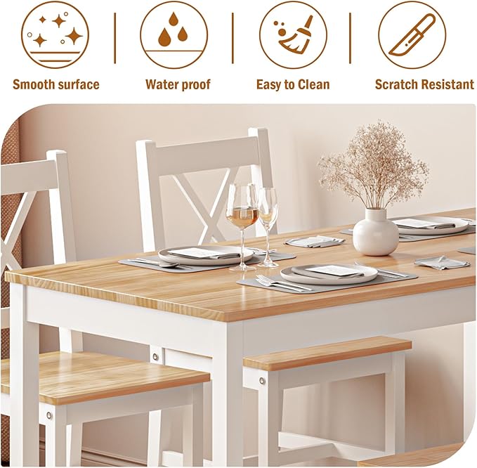 soges Dining Table Set for 4, 42.5 inch Pine Wood Dining Room Table with 4 Chairs, 5-Piece Kitchen Table Chairs Set for Small Space, Apartment, Dinette, Breakfast, White and White