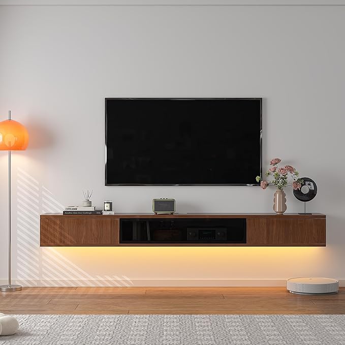 High Gloss Floating TV Stand,70'' Wall Mounted TV Console,Under TV Floating Shelf,Floating TV Cabinet with 3 Doors for Bedroom Living Room(Walnut)