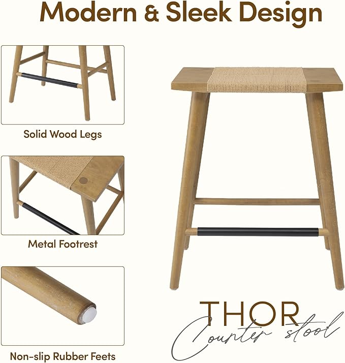 Thor Wicker Counter Height Wooden Counter Stool with Hand-Knitted Rope, K/D, Backless Island 24" Wicker Stool for Kitchen, Solid Wood, Eco-Friendly, Modern Design (Light Brown)