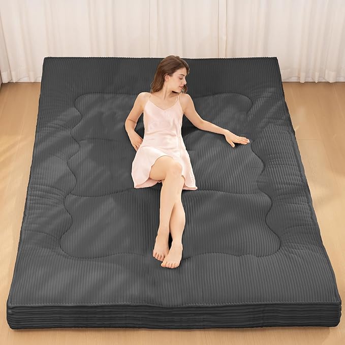 Japanese Floor Mattress, 4" Thicken Futon Mattress Full Size Sleeping Pad, Corduroy Foldable Floor Pad, Roll Up Tatami Mat for Adults Guest Room Bedroom, Grey