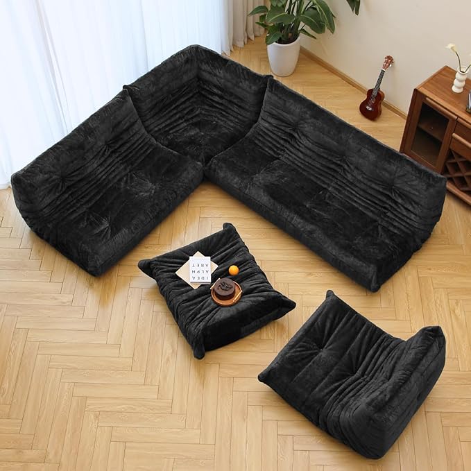 N&V Fireside Chair, Mid Century Armless Floor Sofa, Soft Premium Chenille Floor Lounge Chair, Foam Sofa Accent Chair for Living Room Bedroom and Office (Black, Loveseat)