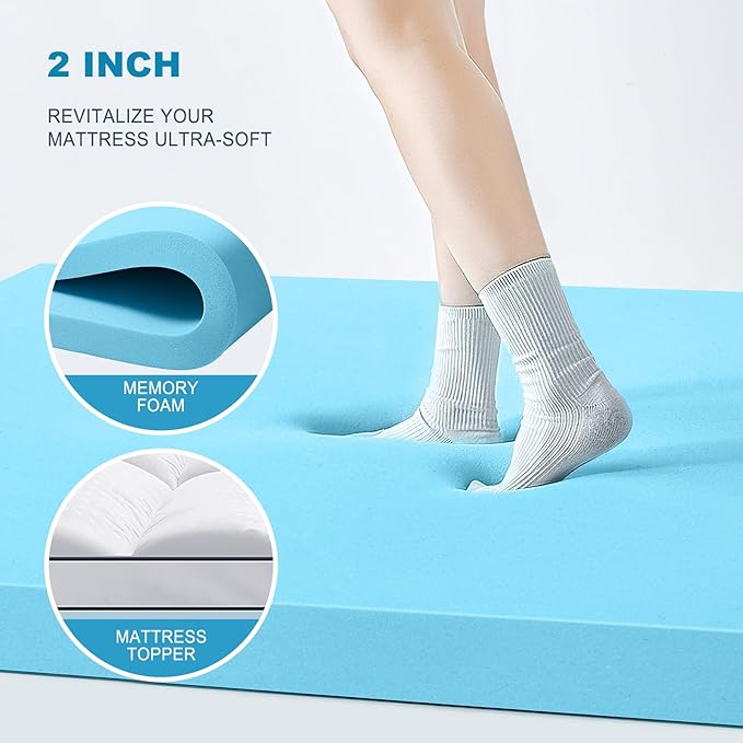 MASVIS Queen Size Dual Layer 4 Inch Memory Foam Mattress Topper, 2 Inch Gel Memory Foam and 2 Inch Cooling Pillow Top Mattress Pad Cover for Back Pain, Medium Support