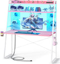 Small Gaming Desk with Hutch and LED Lights, Gaming Computer Desk with Power Outlets, Gamer Desk with Storage Shelves, Game Desks with Pegboards for Bedroom Small Spaces, Pink, 43"
