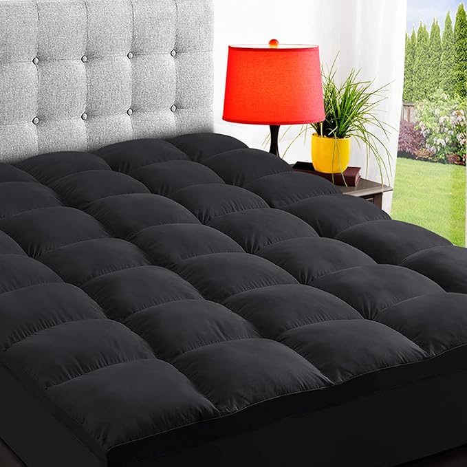 ELEMUSE Full XL Black Mattress Topper for Back Pain, Extra Thick Mattress Pad Cover, Plush Soft Pillowtop with Elastic Deep Pocket, Overfilled Down Alternative Filling