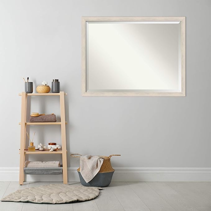 Amanti Art White Bathroom Mirror for Over Sink, 33x43 Hardwood White Wash Narrow Rectangle Vanity Mirror, X-Large Rustic Farmhouse Wood Frame, Hangs Horizonally and Vertically, Bathroom Wall Decor