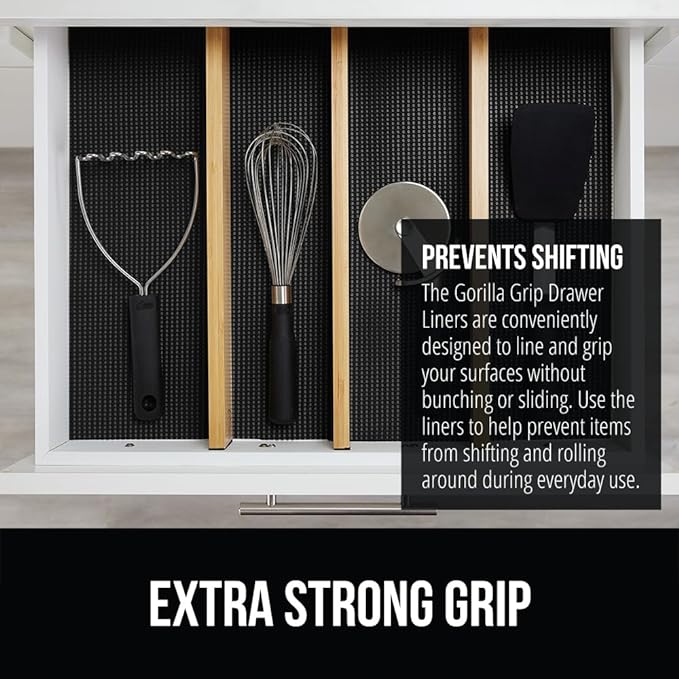 GORILLA GRIP powerGRIP Drawer Shelf and Cabinet Liner, Thick Strong Hold, Non-Adhesive Liners Protect Kitchen Cabinets and Cupboard, Bathroom Drawers, Easy Install, Breathable Mat, 17.5" x30', Black