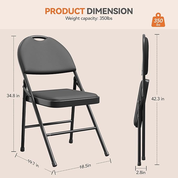 GarveeHome 2 Pack Folding Chairs with PU Leather Padded Cushion and Back, Metal Foldable Chair for Indoor Outdoor, Commercial Stackable Guest Chairs for Camping, Dining Room, Office, Party, Black