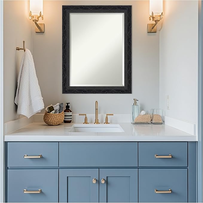 Amanti Art Bathroom Mirror for Over Sink, 29x23 Filigree Gloss Black Rectangle Vanity Mirror, Medium Traditional Frame, Hangs Horizonally and Vertically, Bathroom Wall Decor, Beveled Edge