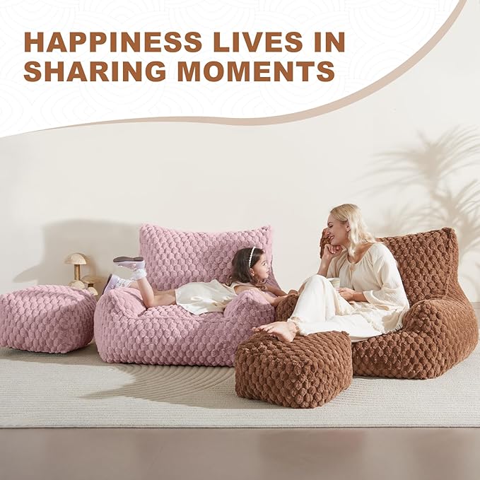 Bean Bag Chair with Ottoman - Modern Comfy Beanbag Sofa with Footrest, Soft Faux Fur Lounger Chair for Adults Teens, Cozy Memory Foam Filled Gaming Reading Chairs for Bedroom, Living Room (Camel)