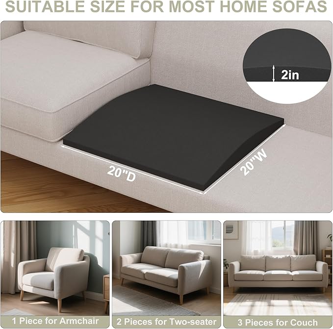 Couch Cushion Support for Sagging Seat, High-Density Curved Foam Sofa Furniture seat Couch Cushions Support Repair, 20"x20" Black Set of 3
