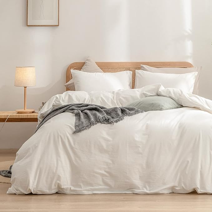 BESTOUCH Duvet Cover Set 100% Washed Cotton Linen Feel Super Soft Comfortable Chic Lightweight 3 PCs Home Bedding Set Solid Off White Super Queen