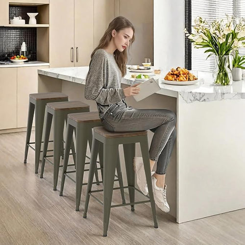 26 inch Backless Bar Stools Set of 4, Indoor Metal Bar Stools with Wood Seat, Industrial Counter Height Barstools for Kitchen Island, Rusty