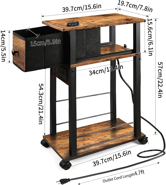Side Table Set of 2, Side Table with Charging Station and Drawer, Narrow End Table with USB Ports and Outlets for Small Space, Living Room, Bedroom and Office, with 4 Wheels