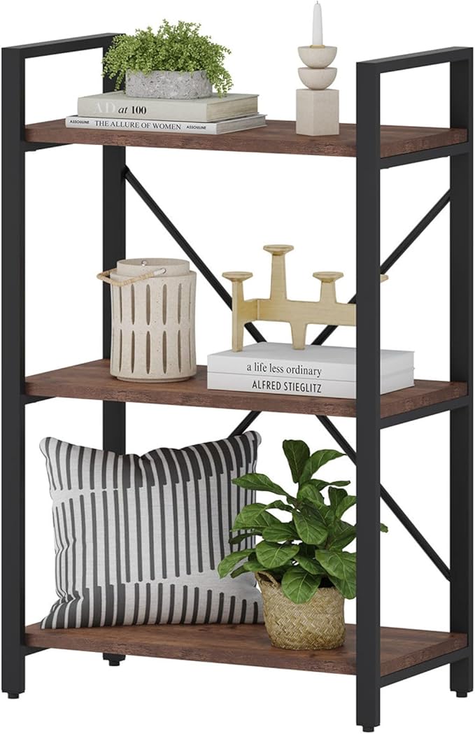BON AUGURE 3 Tier Industrial Bookshelf, Office Small Open Book Shelf for Small Space, Short Narrow Wooden Etagere Bookcase for Living Room, Bedroom and Kitchen (Rustic Oak)